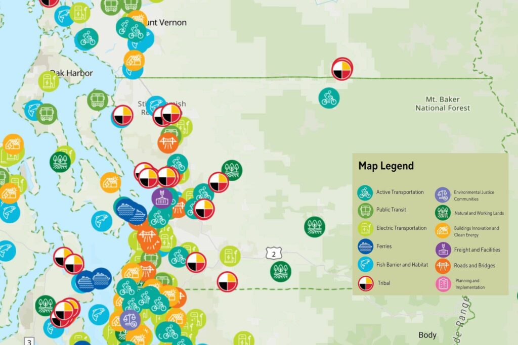The “Risk of Repeal” map created by staff at the Clean & Prosperous Institute shows projects paid for with Climate Commitment Act money. Over 90 Snohomish County projects received funding from the policy. (Clean & Prosperous Institute)
