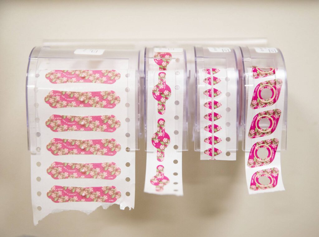 Pink floral breast markers at the Comprehensive Breast Center on Wednesday, July 10, 2024, in Everett, Washington. (Olivia Vanni / The Herald)
