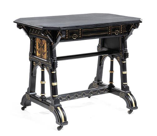 The maker of this decorated table is not known but believed to be Kimbel & Cabus, an important furniture company in the American Aesthetic Movement. (Neal Auction)
