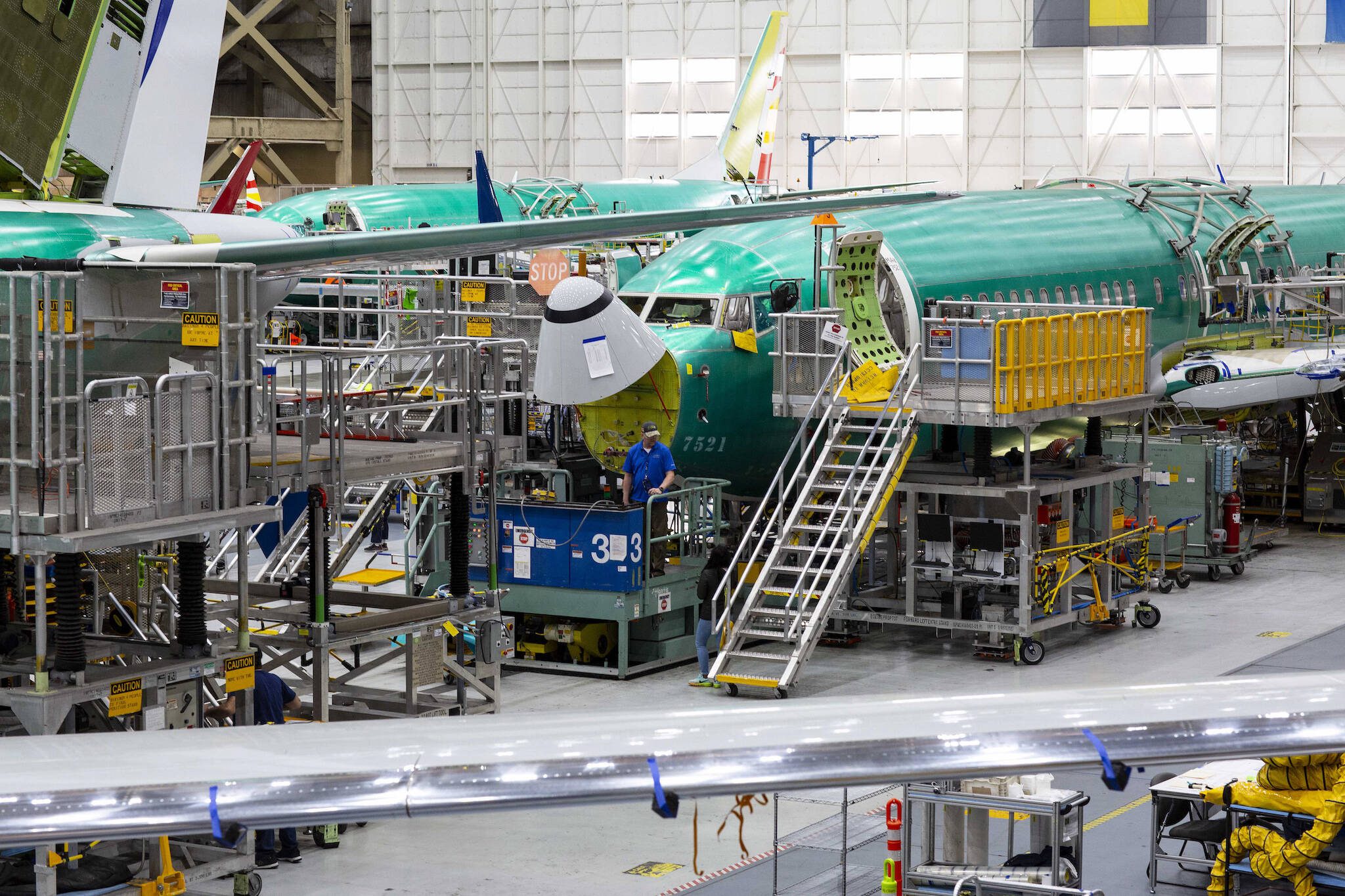 Boeing 737 MAX8 airplanes on the assembly line at the Boeing plant in Renton, Washington. (Ruth Fremson/The New York Times file)