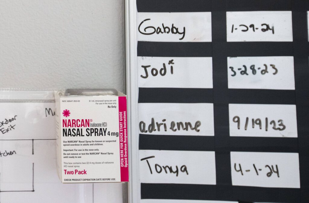 Easily accessible narcan nasal spray hangs on the wall on June 14, 2024 in Everett, Washington. (Olivia Vanni / The Herald)
