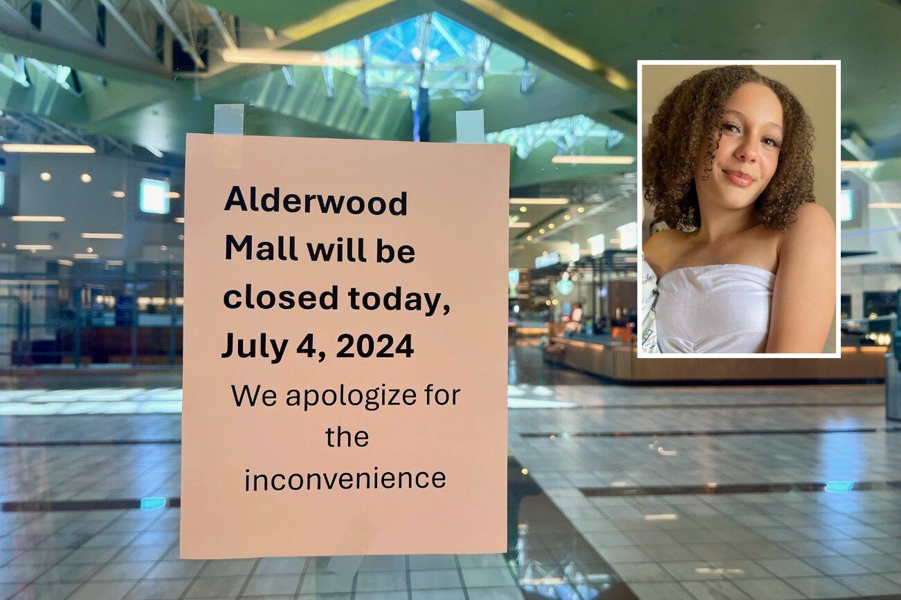 A sign seen from inside Macy's informs customers that the Alderwood Mall is closed on Thursday, July 4, 2024, in Lynnwood, Washington (Andrea Brown / The Herald)