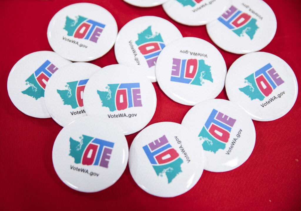 Washington state shaped vote buttons on Tuesday, July 9, 2024 in Everett, Washington. (Olivia Vanni / The Herald)
