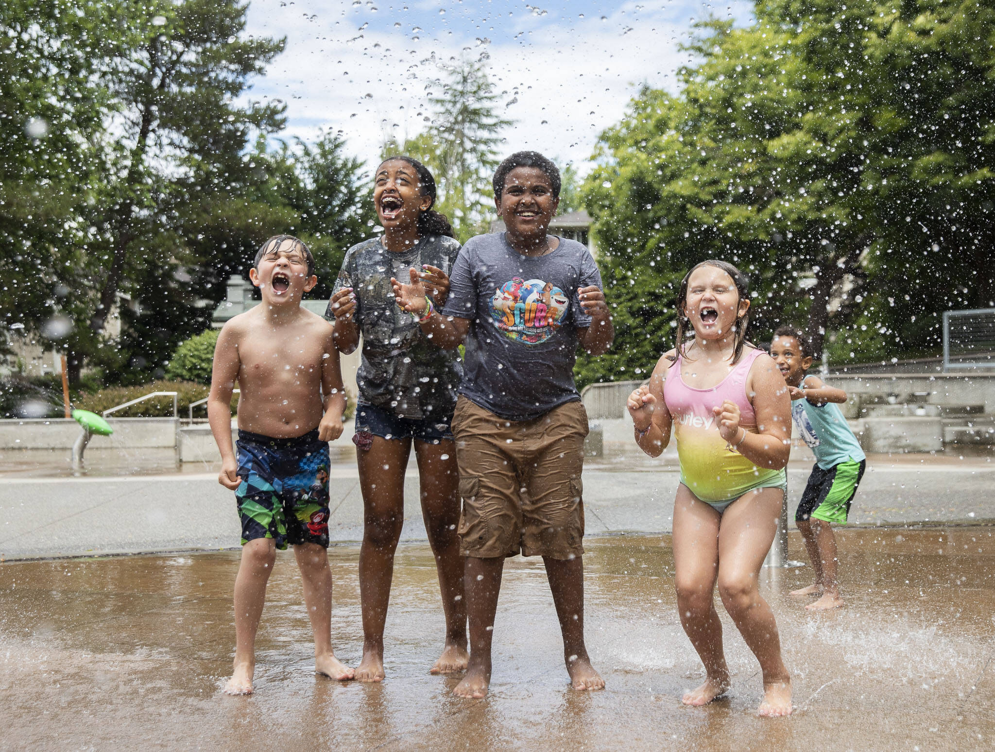Oliver Fitting, 8, right to left, Hermela Desta, 12, Armon Delta, 11, and Capri Fitting, 9, scream as water beings to fall at Hazel Miller Spray Park on Wednesday, June 26, 2024 in Edmonds, Washington. (Olivia Vanni / The Herald)