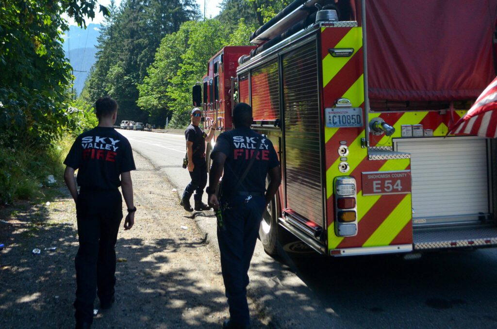 Sky Valley Firefighters and EMTs prepare to go on a reconnaissance at Eagle Falls on Wednesday, July 10, 2024, near Index, Washington. (Jordan Hansen / The Herald)
