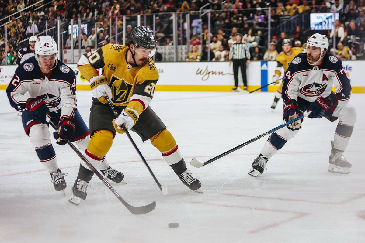 Golden Knights center Chandler Stephenson (20) skates after the puck during an NHL hockey game between the Golden Knights and Columbus Blue Jackets at T-Mobile Arena on Saturday, March 23, 2024, in Las Vegas. (Madeline Carter / Las Vegas Review-Journal)