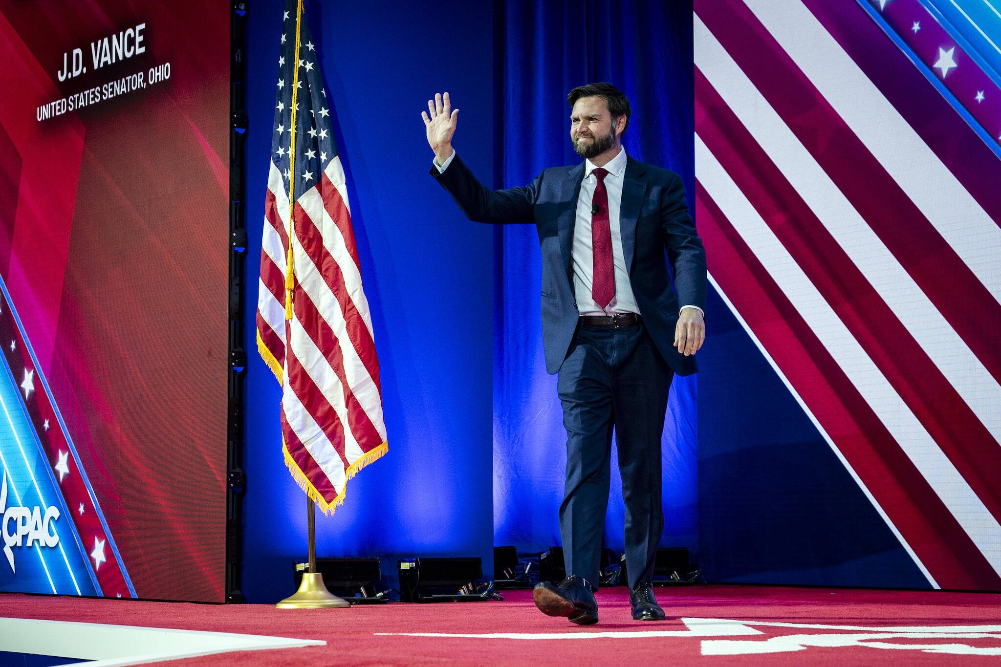 Sen. J.D. Vance, R-Ohio, arrives to speak at the Conservative Political Action Conference in National Harbor, Md., on Feb. 23, 2024. Former President Donald Trump has chosen Vance to be his running mate, wagering that the young senator will bring fresh energy to the Republican ticket and ensure that the movement Trump began nearly a decade ago can live on after him. (Haiyun Jiang/The New York Times)