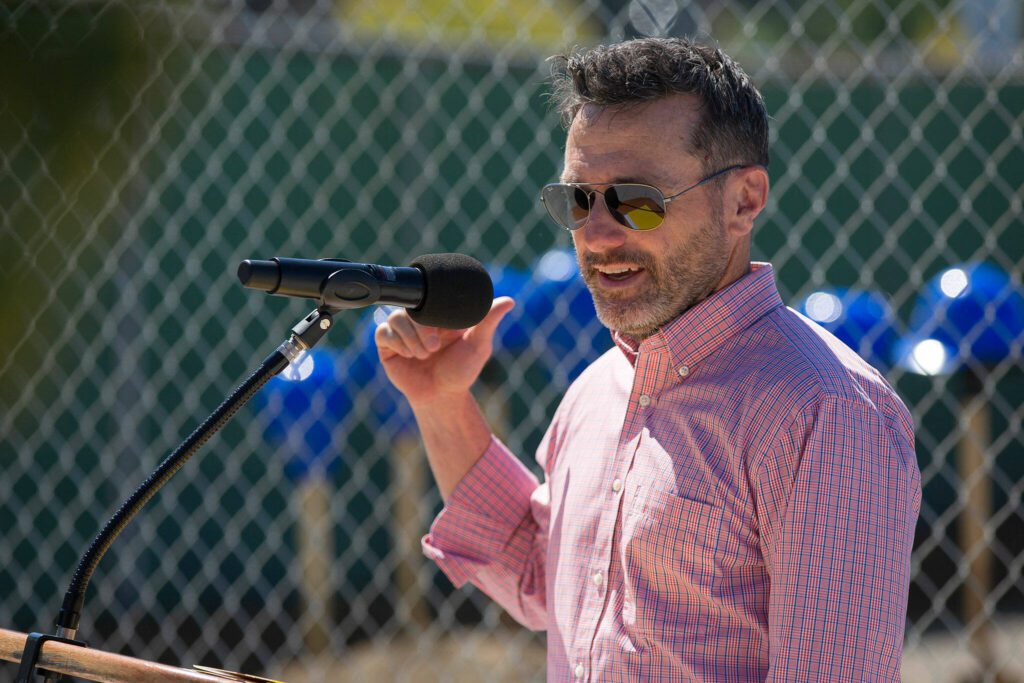 Tapped Public House and Net Shed Fish Market partner Sean Drought speaks at a groundbreaking ceremony for Restaurant Row at the Port of Everett on Tuesday, July 23, 2024, in Everett, Washington. (Ryan Berry / The Herald)
