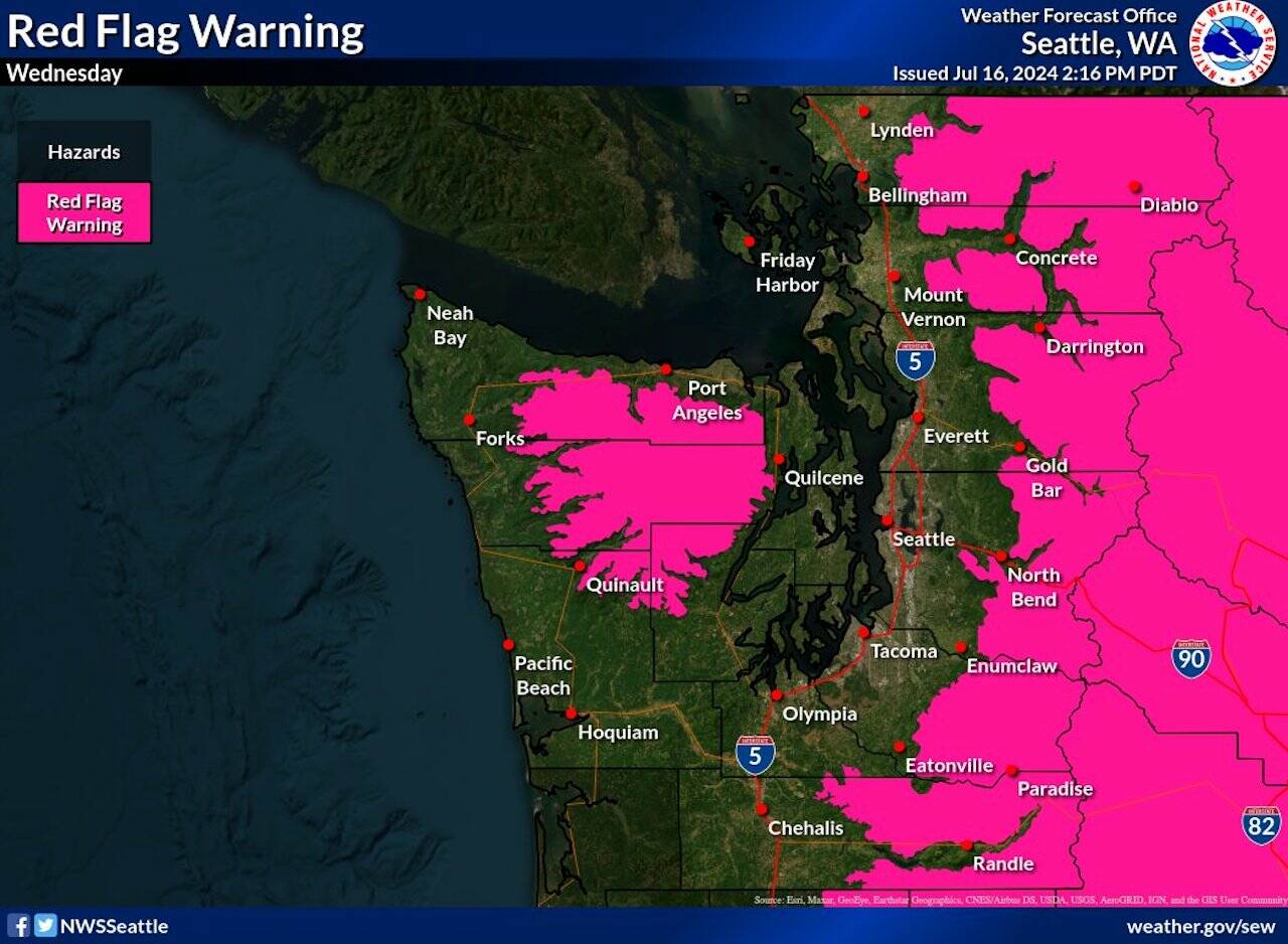 The National Weather Service issued a red flag warning for the Cascade Range and Olympic Mountains on Wednesday. (Provided by the National Weather Service)