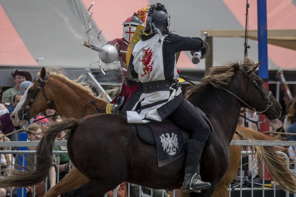 Performers joust during the Washington Midsummer Renaissance Faire at Sky Meadows Park in Snohomish, Washington on Sunday, Aug. 6, 2023. (Annie Barker / The Herald)
