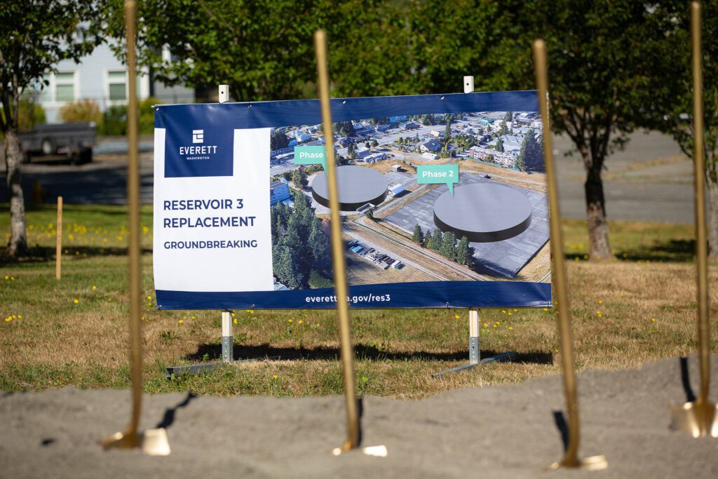 A rendering of the Reservoir 3 Replacement Project is seen during a groundbreaking ceremony on Tuesday, July 23, 2024, in Everett, Washington. (Ryan Berry / The Herald)
