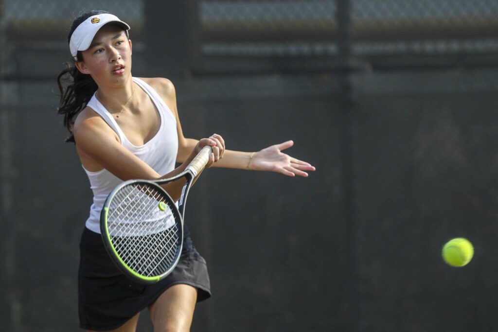 Lakeside’s Addie Streidl hits the ball during the girls gold doubles championship match at the Snohomish Summer Smash at Snohomish High School in Snohomish, Washington on Sunday, July 21, 2024. (Annie Barker / The Herald)
