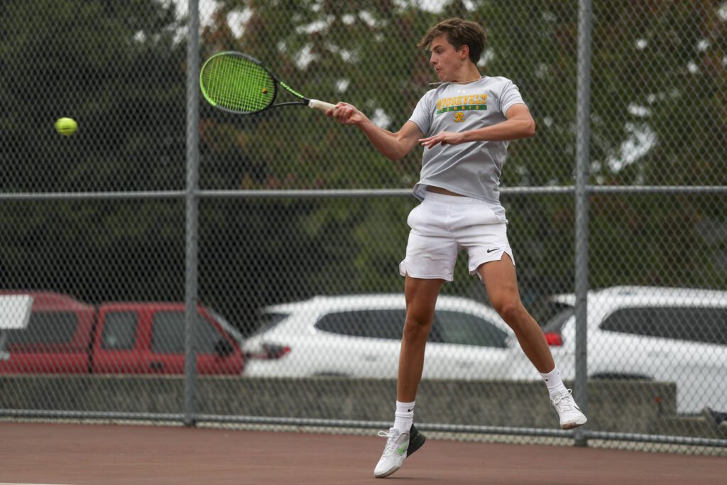 Roosevelt’s Matthew Salazar hits the ball during the mixed doubles championship match at Snohomish Summer Smash at Snohomish High School in Snohomish, Washington on Sunday, July 21, 2024. (Annie Barker / The Herald)
