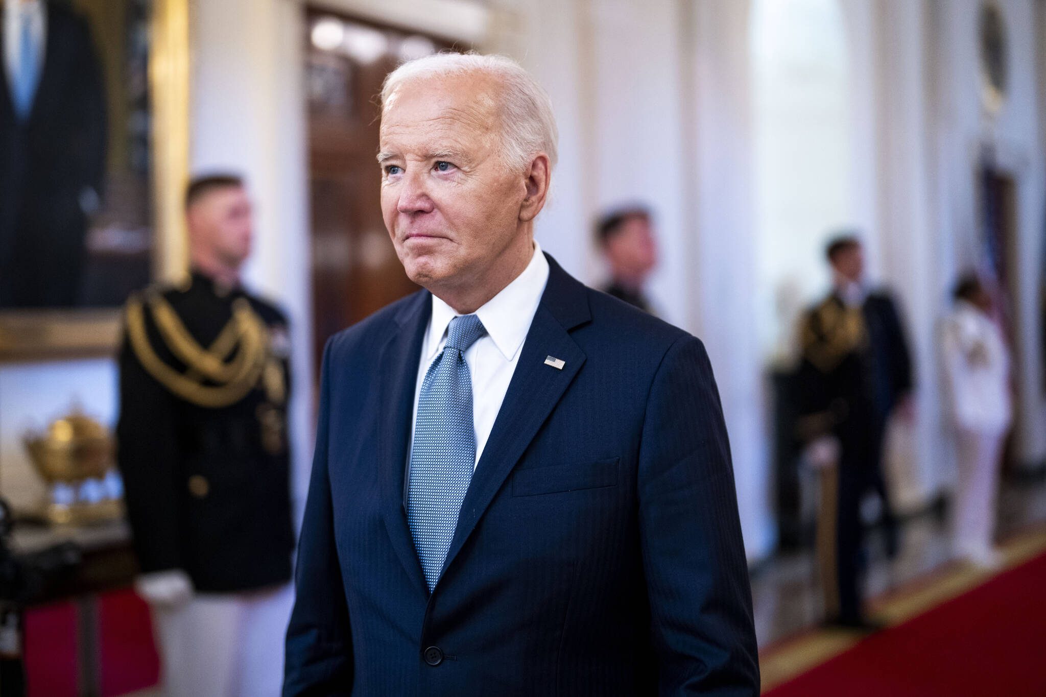 President Joe Biden arrives for a Medal of Honor ceremony in the East Room of the White House in Washington, July 3, 2024. Biden abandoned his campaign for a second term under intense pressure from fellow Democrats on Sunday, July 21, upending the race for the White House in a dramatic last-minute bid to find a new candidate who can stop former President Donald Trump from returning to the White House. (Doug Mills/The New York Times)