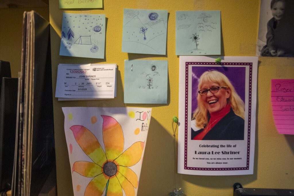 Sticky notes with drawings to Curt Shriner from his late granddaughter Veronica Calhoun are on his office wall at the Historic Everett Theatre in Everett on July 24, 2024. (Annie Barker / The Herald)
