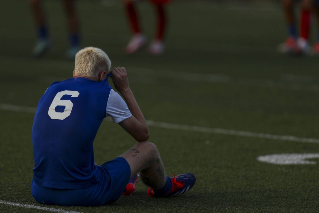 Everett’s Kaydin Wall (6) reacts during the EPLWA championships between semi-pro men’s soccer team Everett Jets FC and Yakima United at Archbishop Murphy High School in Everett, Washington on Saturday, July 27, 2024. Yakima won, 6-1. (Annie Barker / The Herald)
