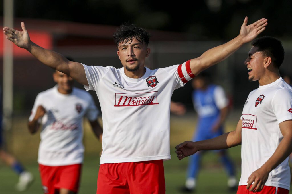 Yakima players celebrate during the EPLWA championships between semi-pro men’s soccer team Everett Jets FC and Yakima United at Archbishop Murphy High School in Everett, Washington on Saturday, July 27, 2024. Yakima won, 6-1. (Annie Barker / The Herald)
