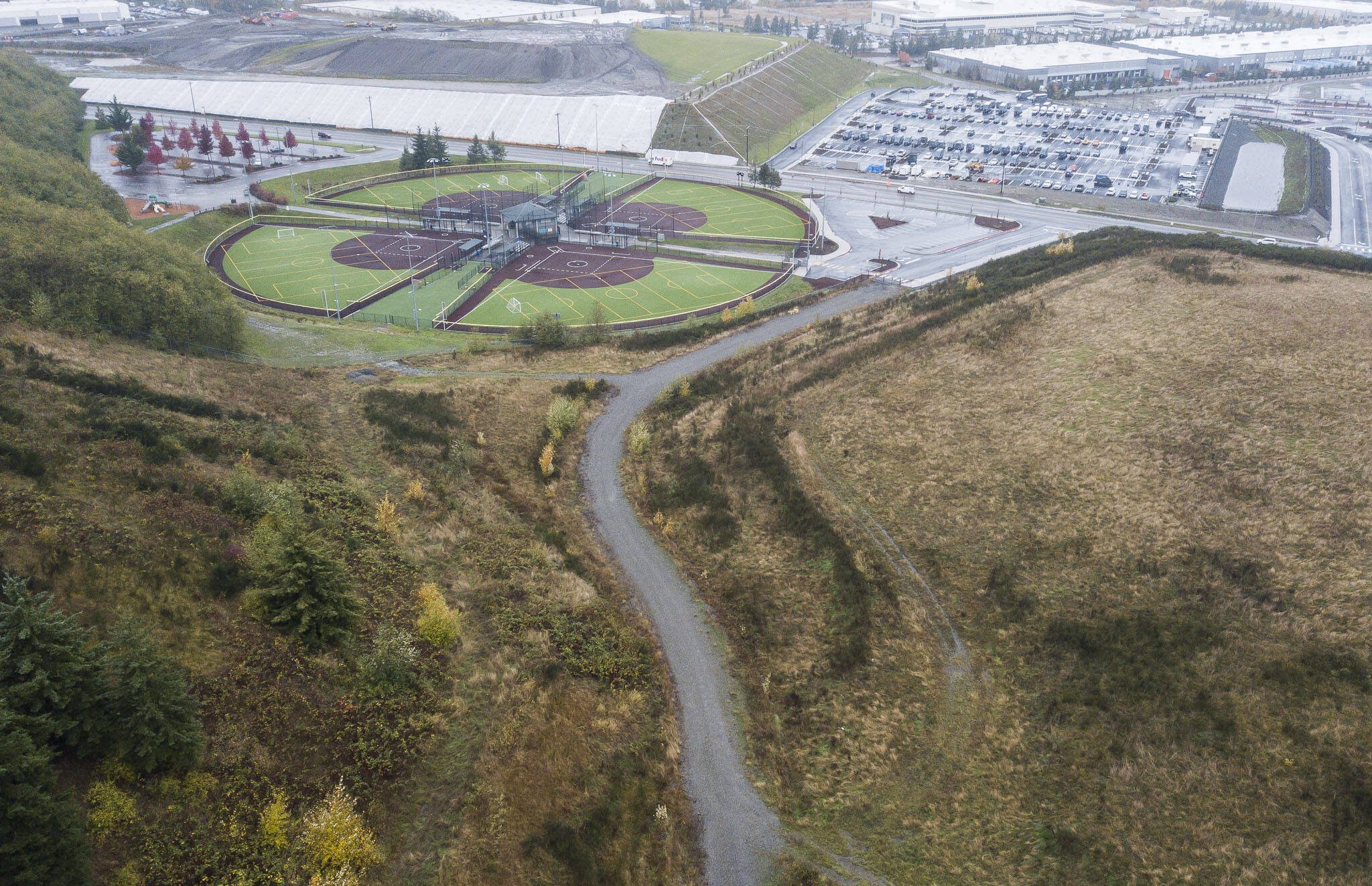 An aerial view of the Phil Johnson Ballfields in November, 2021 in Mukilteo. (Olivia Vanni / The Herald file photo)