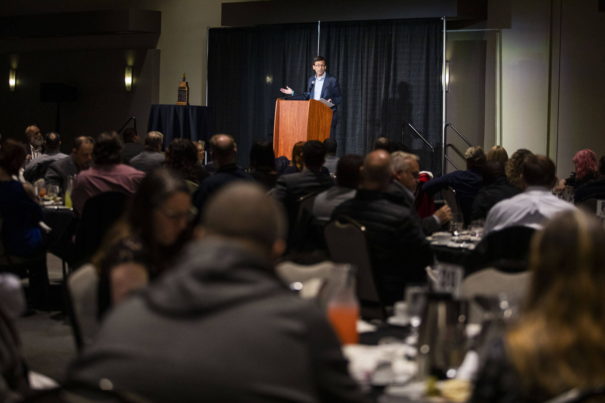Washington Attorney General Bob Ferguson speaks at the Snohomish & Island County Labor Council champions dinner on Tuesday, Oct. 10, 2023 in Everett, Washington. (Olivia Vanni / The Herald)