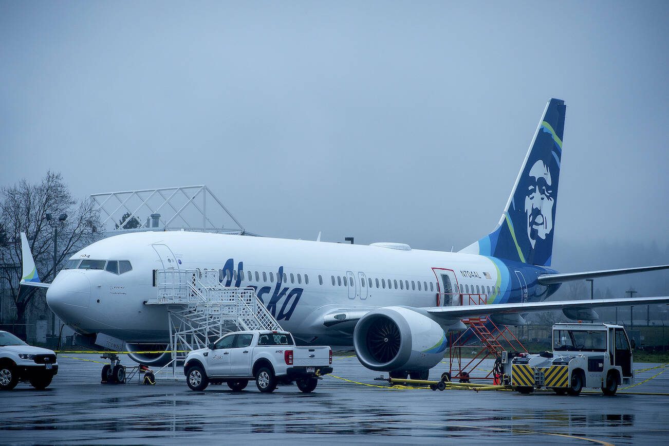 Alaska Airlines N704AL, a Boeing 737 Max 9 that had a door plug blow out from its fuselage midair, parked at a maintenance hanger at Portland International Airport in Portland, Ore., on January 8. (Amanda Lucier/The New York Times)