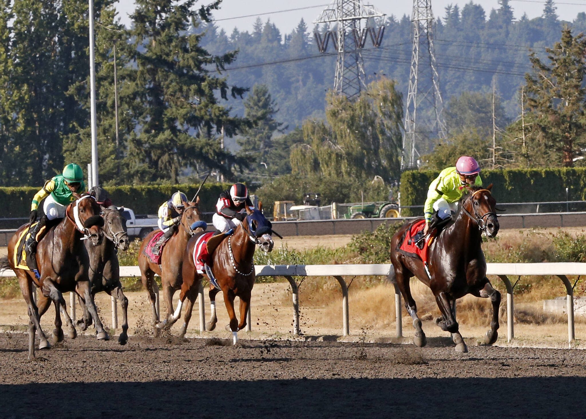 Five Star General (right) runs to victory over Slew’s Tiz Whiz (left) in the 2023 Longacres Mile at Emerald Downs. (Photo courtesy of Emerald Downs)