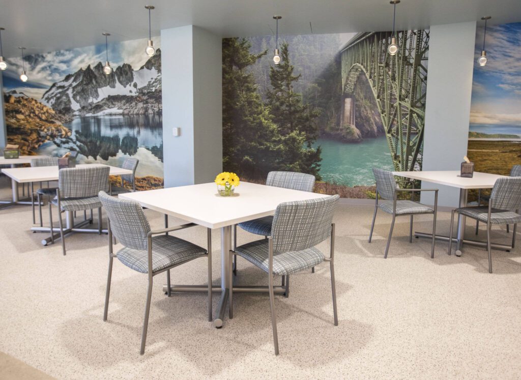 The dining area inside the new Providence Swedish Rehabilitation Hospital on Wednesday near Lynnwood. (Olivia Vanni / The Herald)
