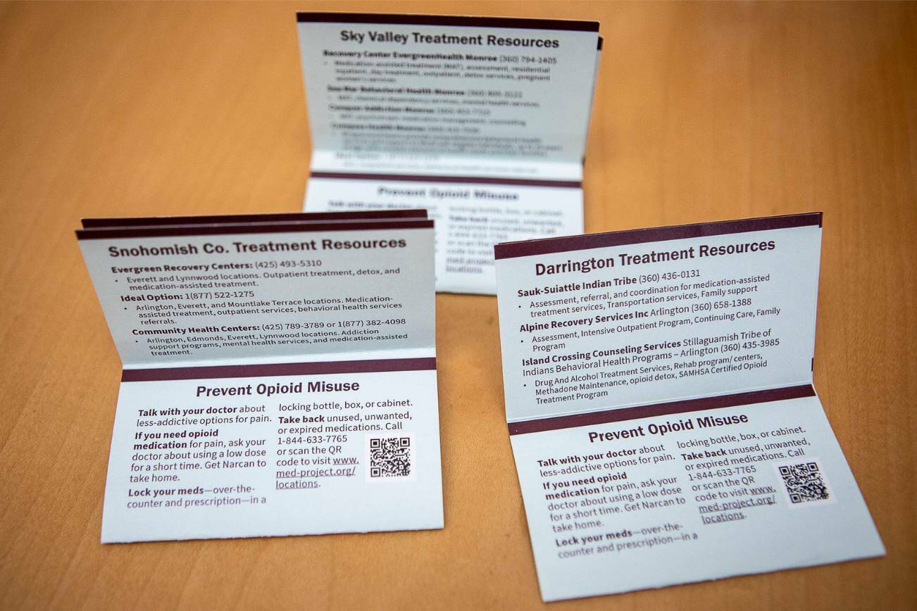 Information inside the Carnegie Resource Center in Everett in 2023. (Annie Barker / The Herald)
