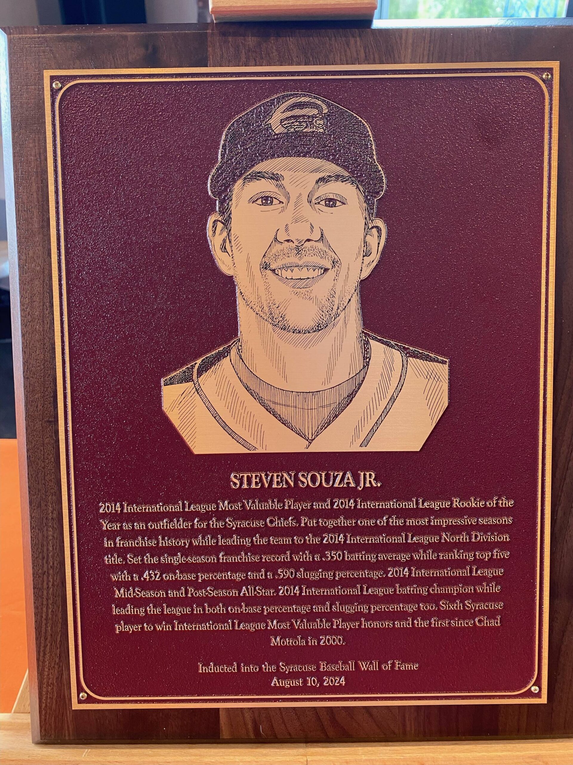 Steven Souza Jr.’s Syracuse Chiefs Wall of Fame plaque. Souza Jr. played in 91 games with the Chiefs, ending his stint with 23 doubles, two triples, 18 home runs, 70 RBI, 49 walks and 24 stolen bases. He was inducted on Aug. 10, 2024. (Photo courtesy of Steven Souza Sr.)