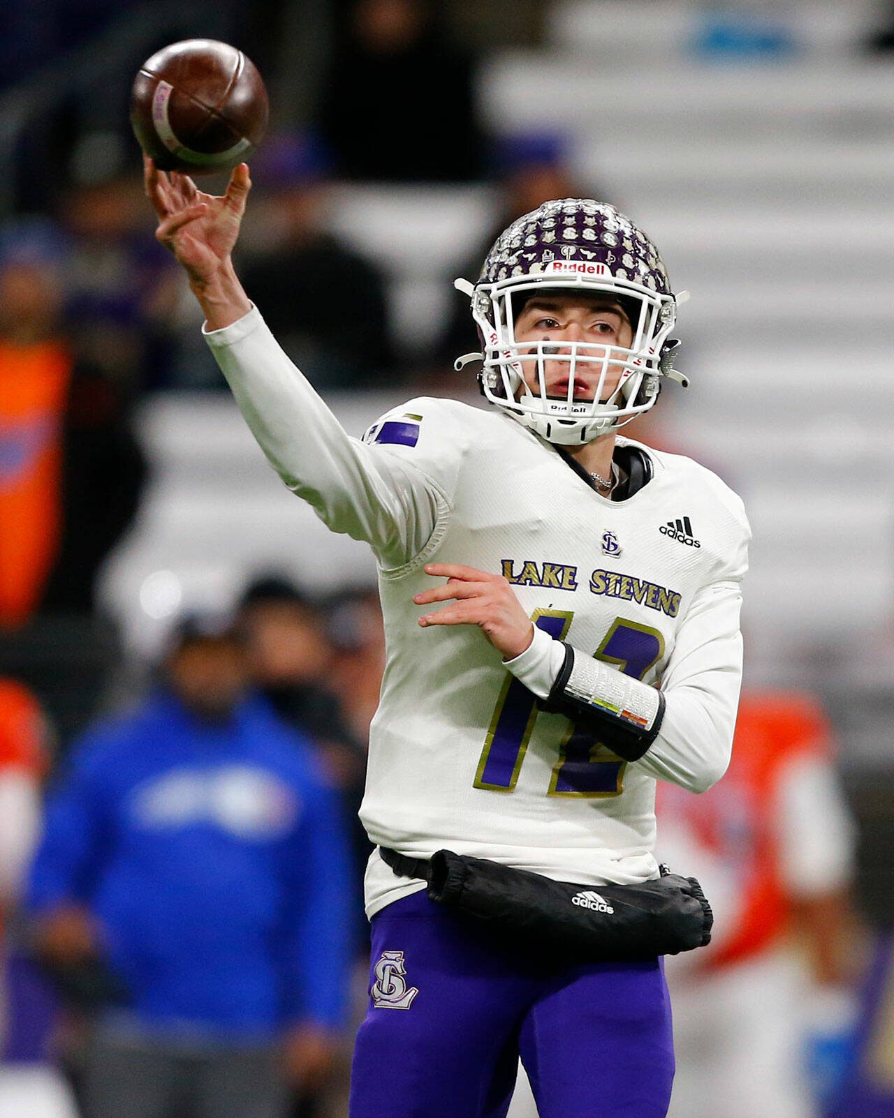 Ryan Berry / The Herald
Lake Stevens’ Kolton Matson completes a short pass against Graham-Kapowsin during the WIAA 4A Football State Championship on Dec. 2, 2023, at Husky Stadium in Seattle.