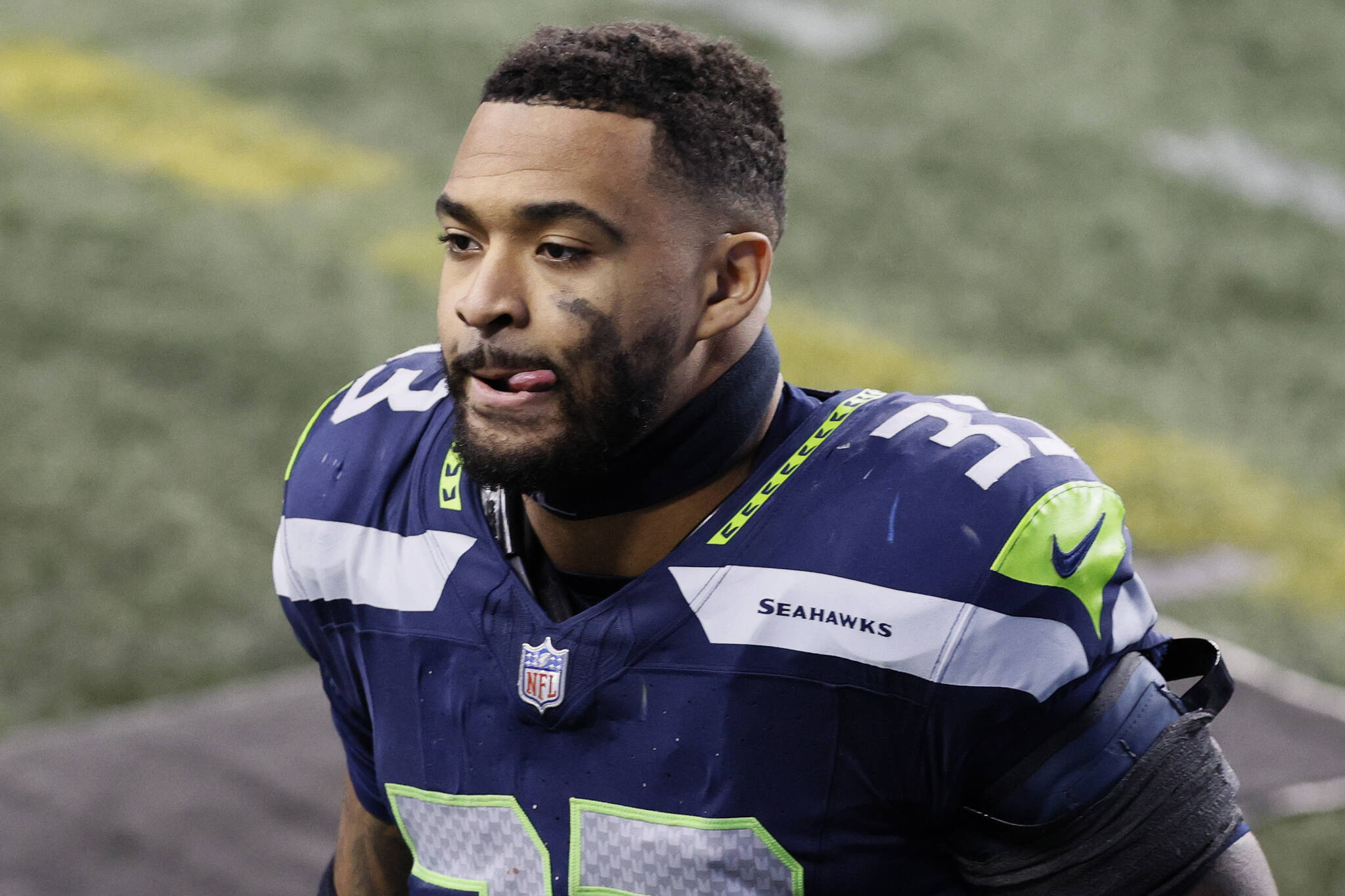 Former Seattle Seahawks safety Jamal Adams, who was chirping at his previous teammates at a joint practice on Wednesday, walks off the field after a 30-20 loss to the Los Angeles Rams in a NFC Wild Card Playoff game at Lumen Field in Seattle on Saturday, Jan. 9, 2021. (Steph Chambers / Getty Images / Tribune New Services)