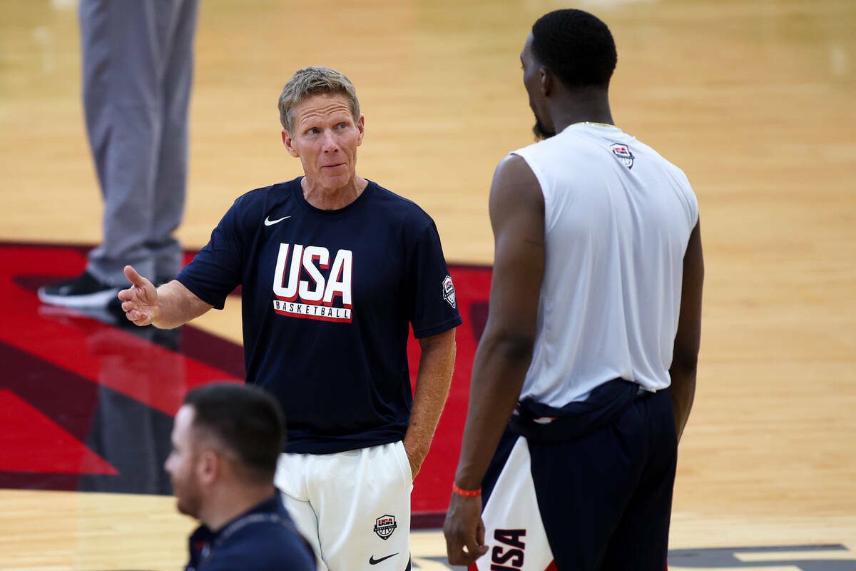 Ellen Schmidt / Las Vegas Review-Journal / Tribune News Services
USA Basketball Men’s National Team assistant coach Mark Few, of Gonzaga University, chats on the court during training camp for Team USA at UNLV’s Mendenhall Center on July 6, in Las Vegas.