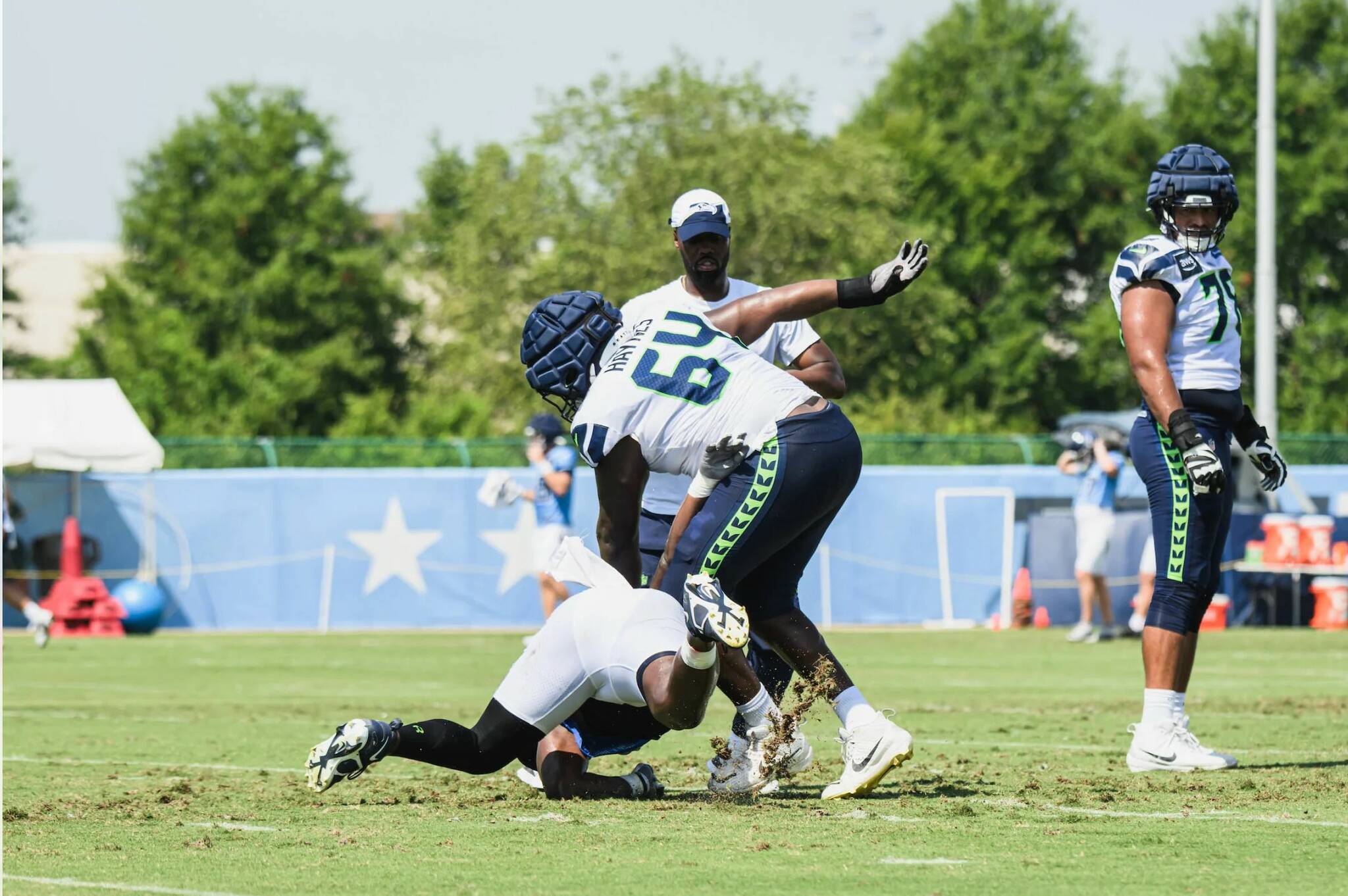 Seahawks guard Christian Haynes (64) practiced against the Tennessee Titan on Aug. 15, 2024 in Nashville, Tenn. (Photo courtesy of Edwin Hooper / Seattle Seahawks)