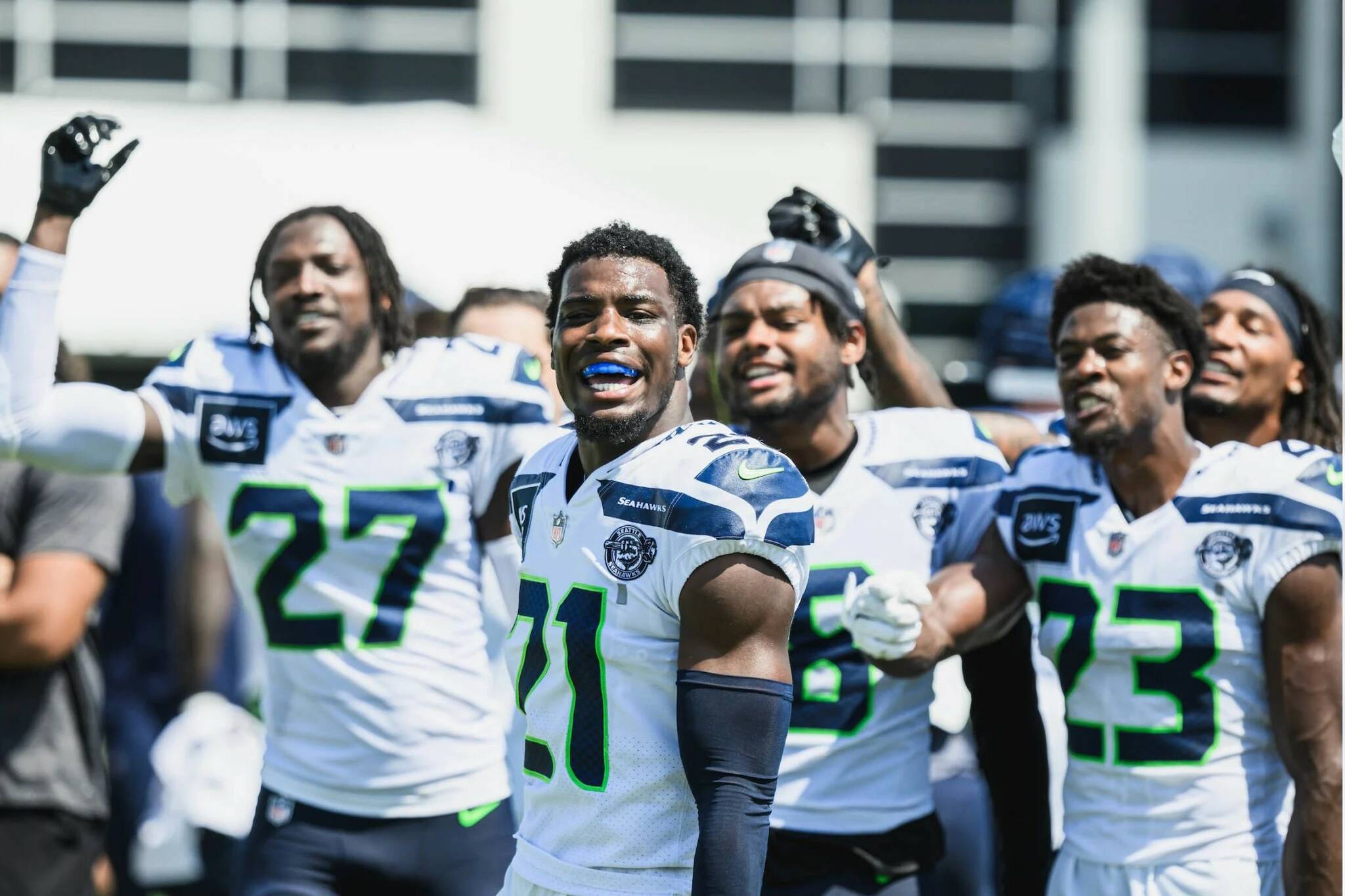 Seahawks cornerback Devon Witherspoon (21) practiced against the Tennessee Titan on Aug. 15, 2024 in Nashville, Tenn. (Photo courtesy of Edwin Hooper / Seattle Seahawks)