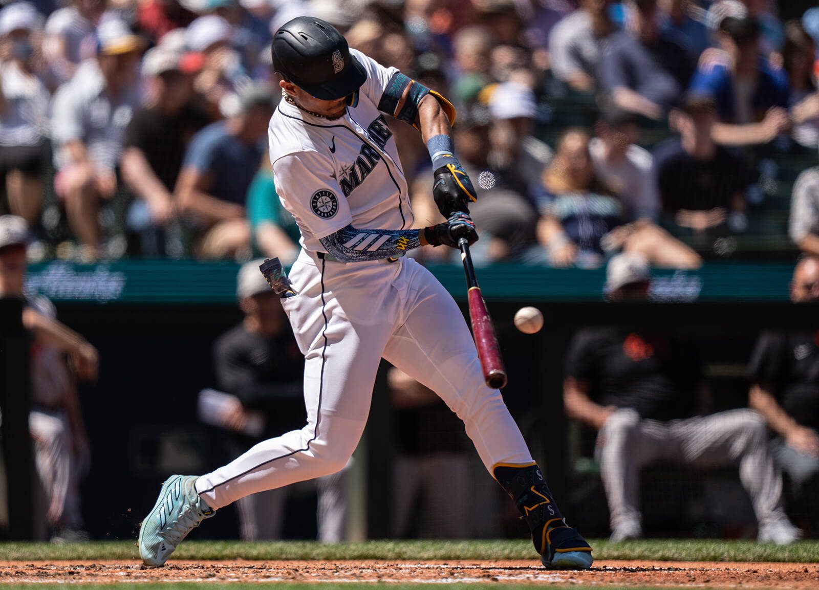 Julio Rodriguez of the Seattle Mariners hits a solo home run during the fifth inning against the Baltimore Orioles at T-Mobile Park on July 4, 2024, in Seattle. (Stephen Brashear / Getty Images / Tribune News Services)