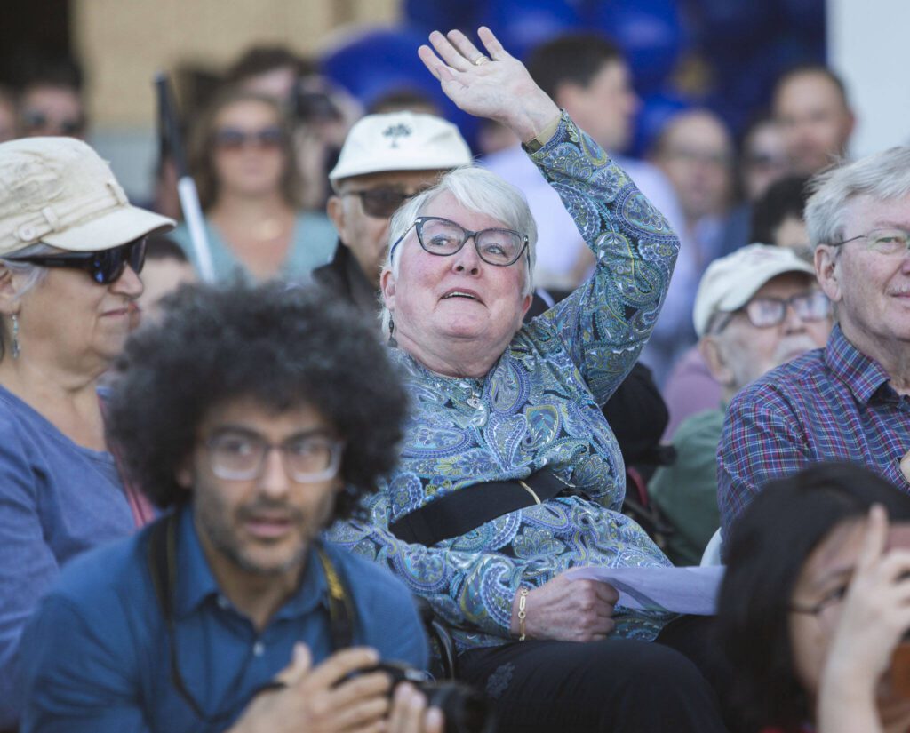 Joni Earl, former CEO and executive director of Sound Transit, waves to the crowd during the Lynnwood 1 Line extension opening celebrations on Friday, Aug. 30, 2024 in Lynnwood, Washington. (Olivia Vanni / The Herald)
