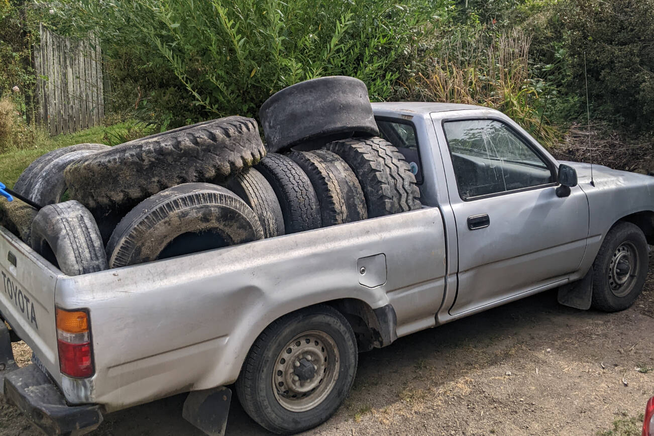 Snohomish resident Doug Ewing and a crew of young locals load up Ewing's pickup truck with tires they found in the Snohomish River this summer. So far this year, the group has removed 69 tires from the river. (Provided photo)