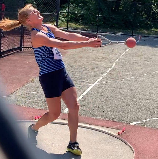 Photo courtesy of Chris Beard
Donna Beard, 60, during the hammer throw competition at the Greyhounds Combined Events meet in Coquitlam, British Columbia, on Aug. 3. Beard competed in the Masters women throws pentathlon division and won by more than 1,300 points, setting a new U.S and world record and earning personal bests in the hammer throw, shot put and weight throw.