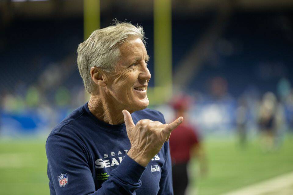 Seattle Seahawks head coach Pete Carroll greets fans as the Lions take on the Seattle Seahawks on October 2, 2022 at Ford Field. (Ryan Sun / Tribune News Services)