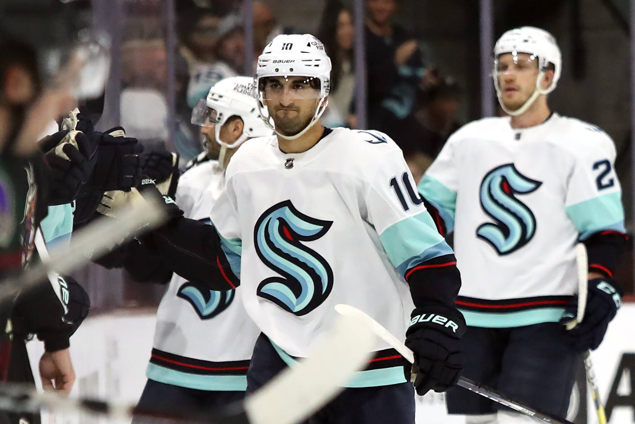 Zac BonDurant / Getty Images /Tribune News Services
Matty Beniers (10) of the Seattle Kraken celebrates his goal with the bench against the Arizona Coyotes in the second period at Mullett Arena on April 10, 2023, in Tempe, Arizona.