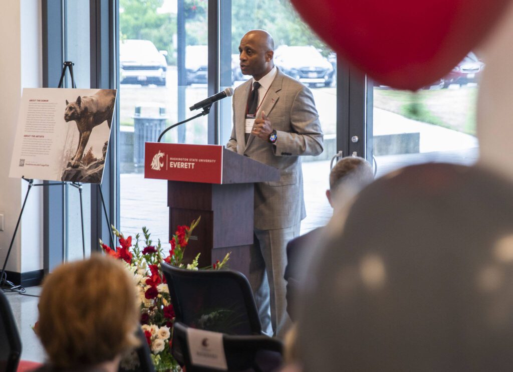 Chancellor for Washington State University’s Everett campus Paul Pitre speaks at a celebration for the new cougar statue on Friday, Aug. 23, 2024 in Everett, Washington. (Olivia Vanni / The Herald)
