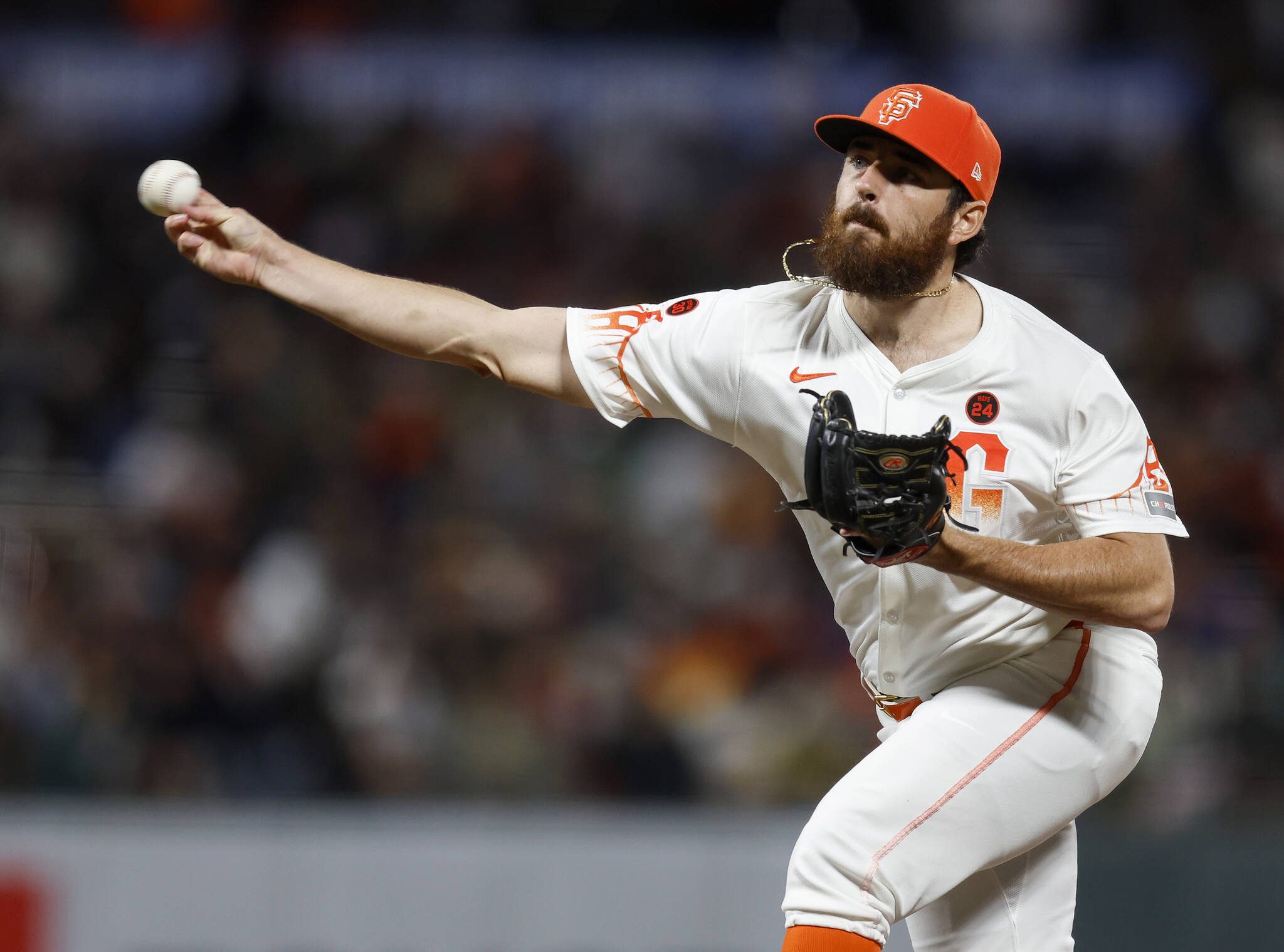 San Francisco Giants’ Ryan Walker (74) throws against the Oakland Athletics in the ninth inning at Oracle Park in San Francisco, Calif., on Tuesday, July 30, 2024. (Nhat V. Meyer / Bay Area News Group / Tribune News Service)
