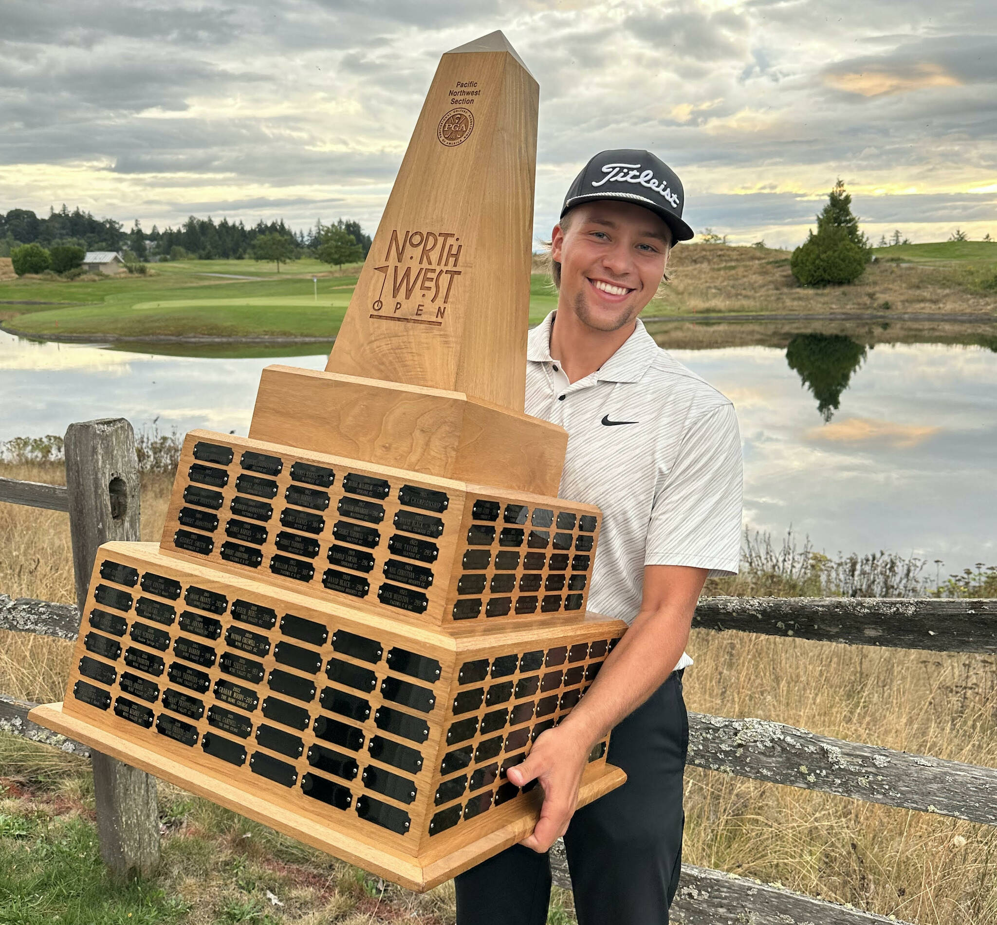 Collin Hodgkinson poses with his trophy after winning the 2024 Pelzer Golf Northwest Open Invitational on Aug. 21, 2024 in DuPont, Washington. Hodgkinson, a rising junior at Oregon State University, finished with an 18-under-par 198 to become the sixth amateur to win the Northwest Open since the tournament’s inception in 2006. (Photo courtesy of PGA of America Pacific Northwest Section)