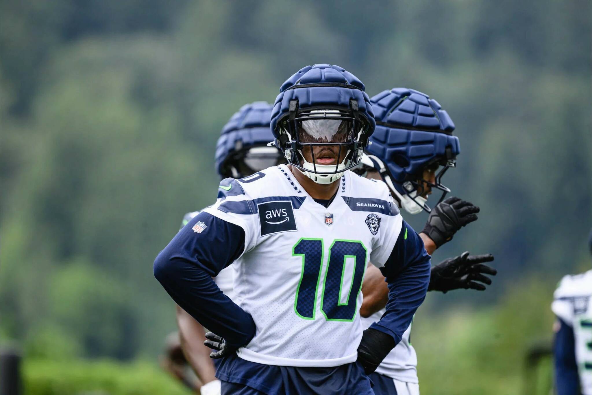 Seahawks linebacker Uchenna Nwosu (10), who is expected to miss multiple regular season games after suffering an injury in Saturday’s preseason finale, practices at the Virginia Mason Athletic Center in Renton on August, 21, 2024.
