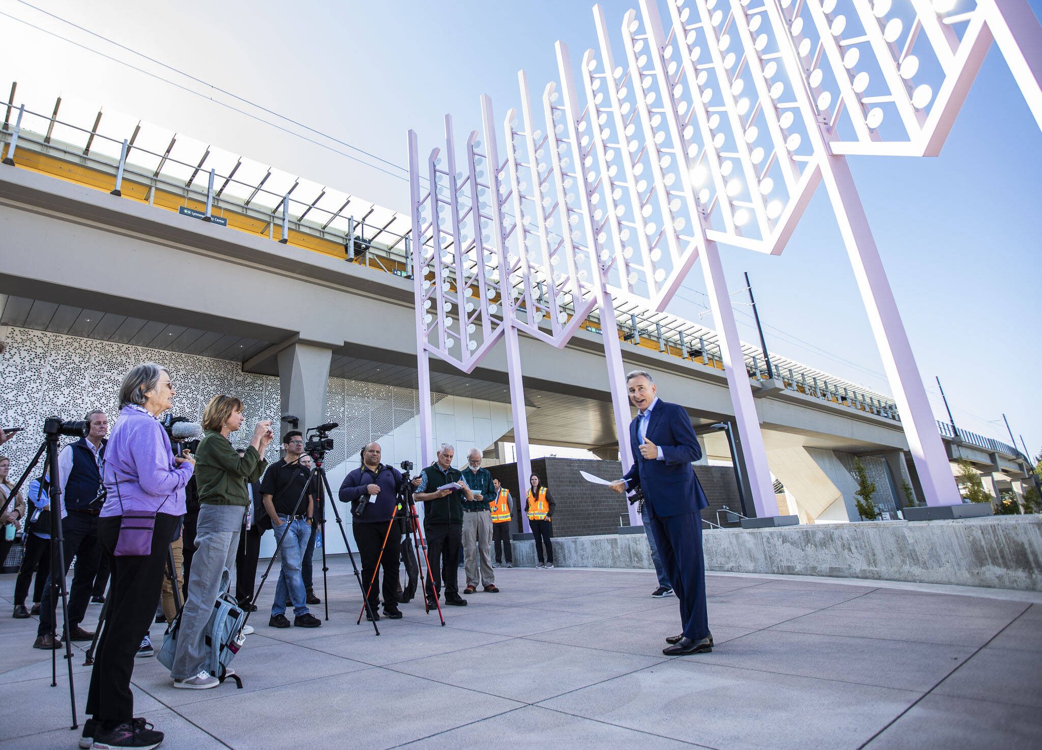 King County Executive Dow Constantine speaks to a group of media members gathered to take a ride on the new Link light rail extension on Wednesday, Aug. 28, 2024 in Lynnwood, Washington. (Olivia Vanni / The Herald)