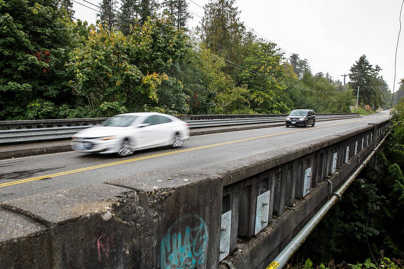 Cars move across the Edgewater Bridge toward Everett last year. (Olivia Vanni / The Herald)
