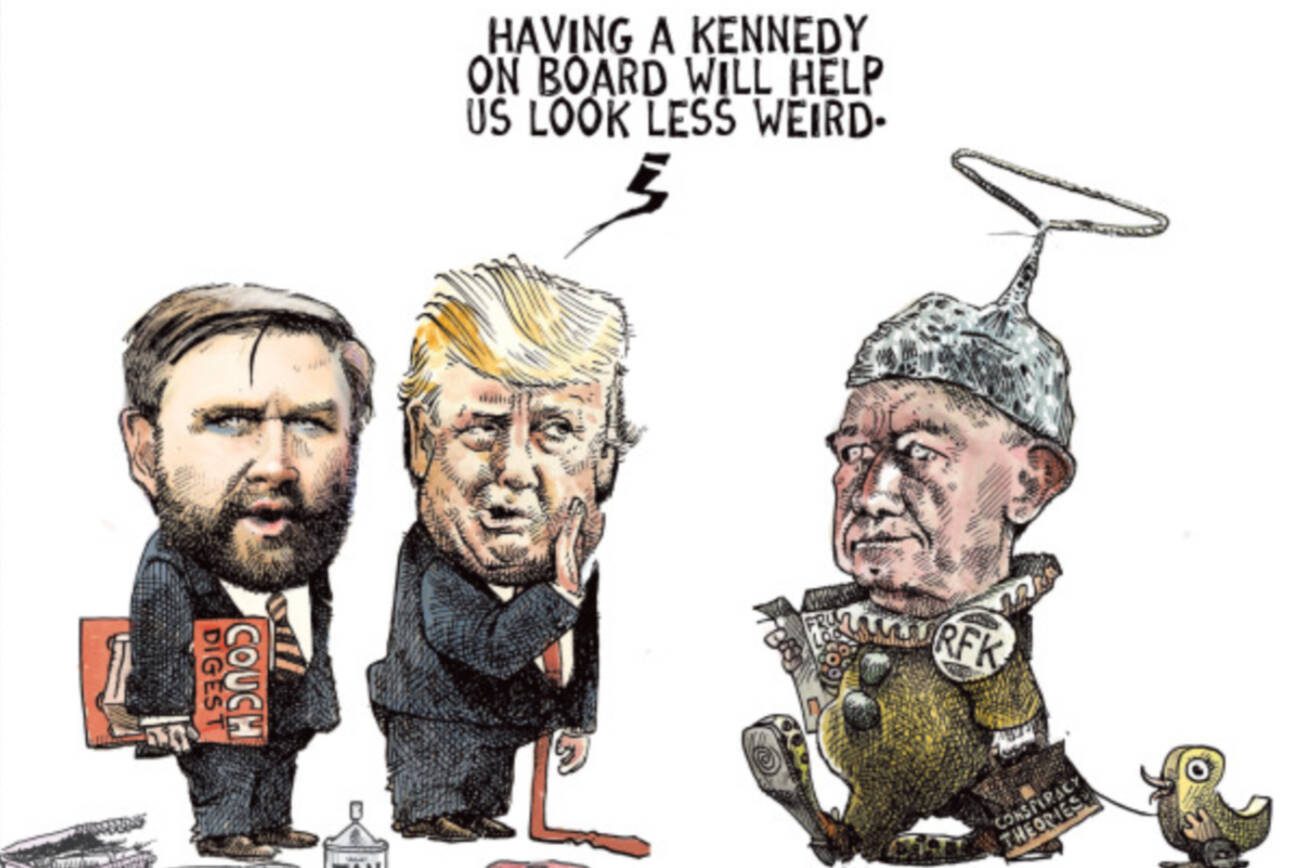 Donald Trump tells a JD Vance holding a magazine called Couch Digest that having A Kennedy on board will make us seem less Weird."  RFK Jr is dressed as a clown holding Conspiracy theories and wearing a tin foli hat.