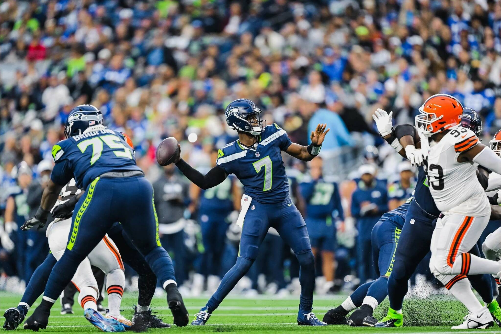 Seahawks quarterback Geno Smith (7) throws a pass in a preseason game against the Cleveland Browns at Lumen Field on Saturday, Aug. 24, 2024. (Photo courtesy of the Seattle Seahawks)