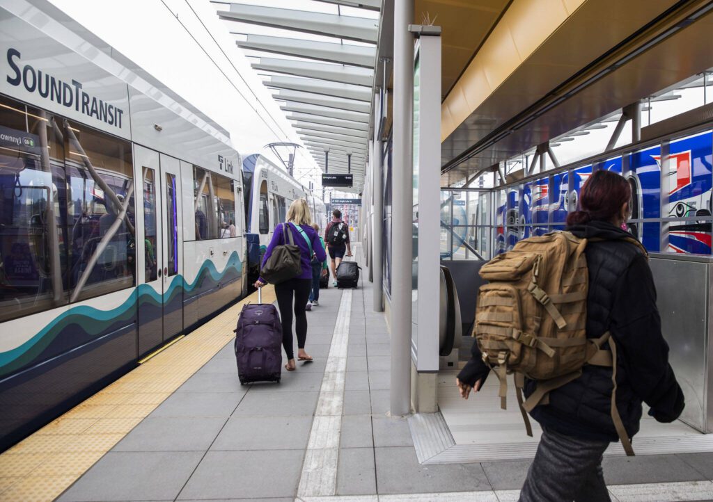 People walk through the Lynnwood City Center station on Tuesday, Sept. 3, 2024 in Lynnwood, Washington. (Olivia Vanni / The Herald)
