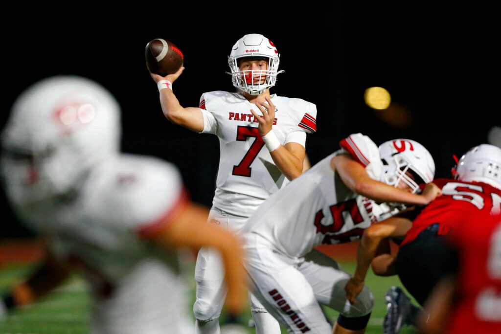 Snohomish junior quarterback David Hammer throws a pass against Mountlake Terrace on Friday, Sept. 8, 2023, at Edmonds Stadium in Edmonds, Washington. (Ryan Berry / The Herald)
