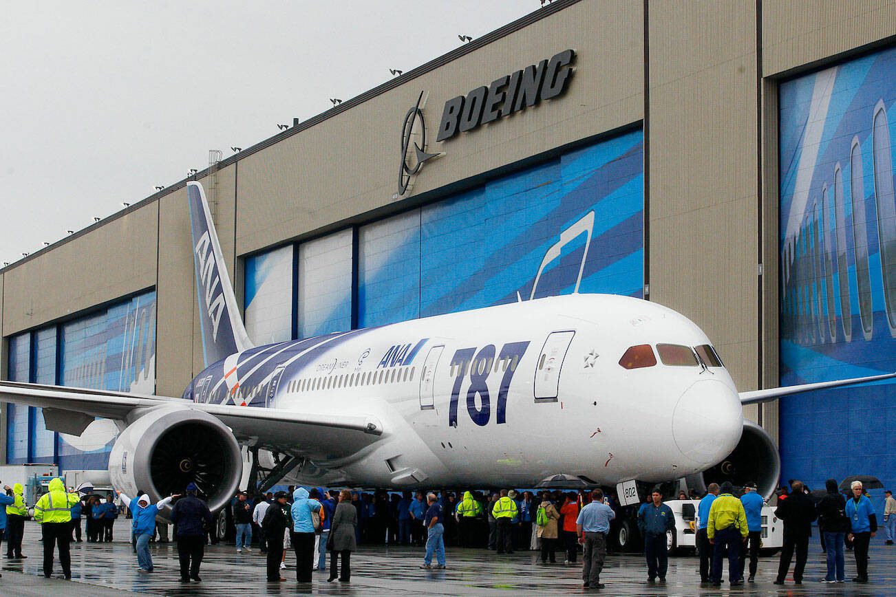 Hundreds of Boeing employees get ready to lead the second 787 for delivery to All Nippon Airways in Everett in 2011. (Michael O’Leary/The Herald)